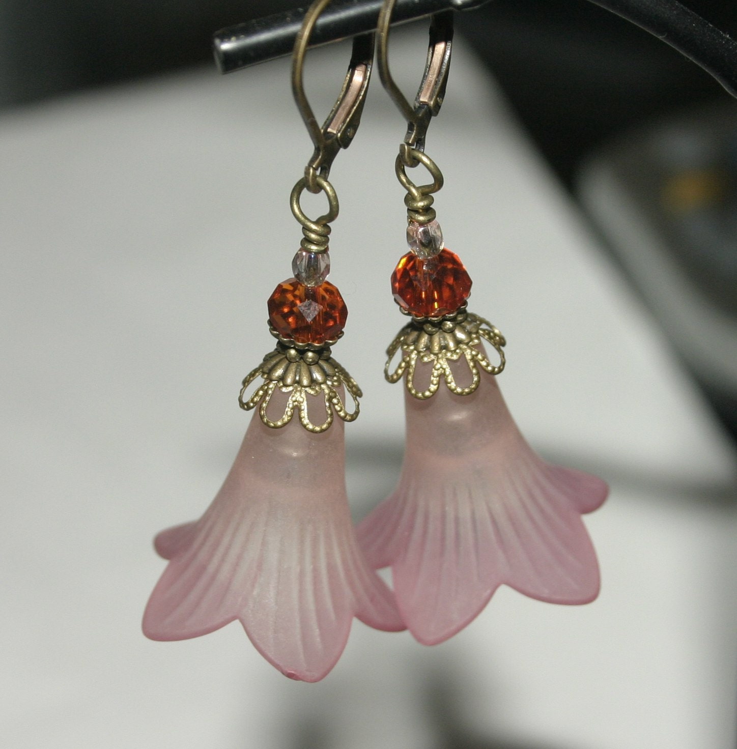 Vintage Style, Hand Dyed Lucite Lily Earrings in Pale Pink, Peach and Orange, Antique Bronze Wire Wrapped