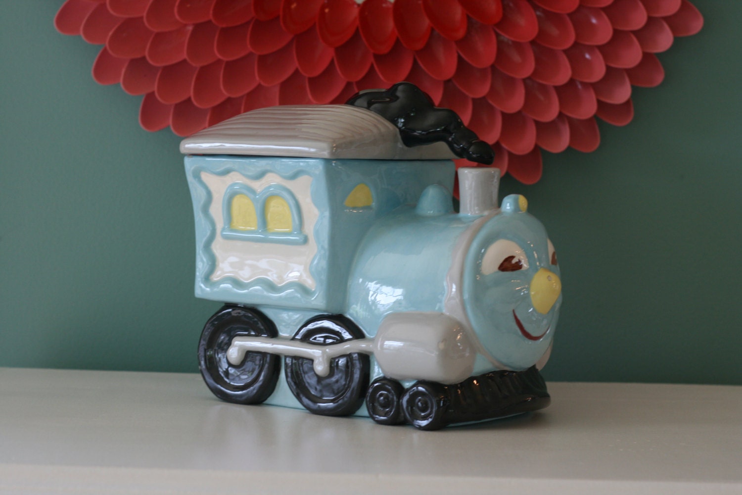 Vintage Train Cookie Jar with Smoke Stack in Blue, Yellow and Grey