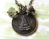 Chinese Dragon and Female Buddha Double Sided Coin Pendant Necklace with Charms in Antique Brass