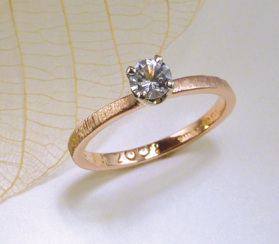 Rose Gold Engagement Ring Solitaire - White Sapphire, Prong Set, Diamond Alternative Wood Grain Textured Hammered