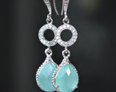 Brilliant Sea Foam Teardrops with Pave Crystal O Links on Pave Crystal and Silver French Earrings