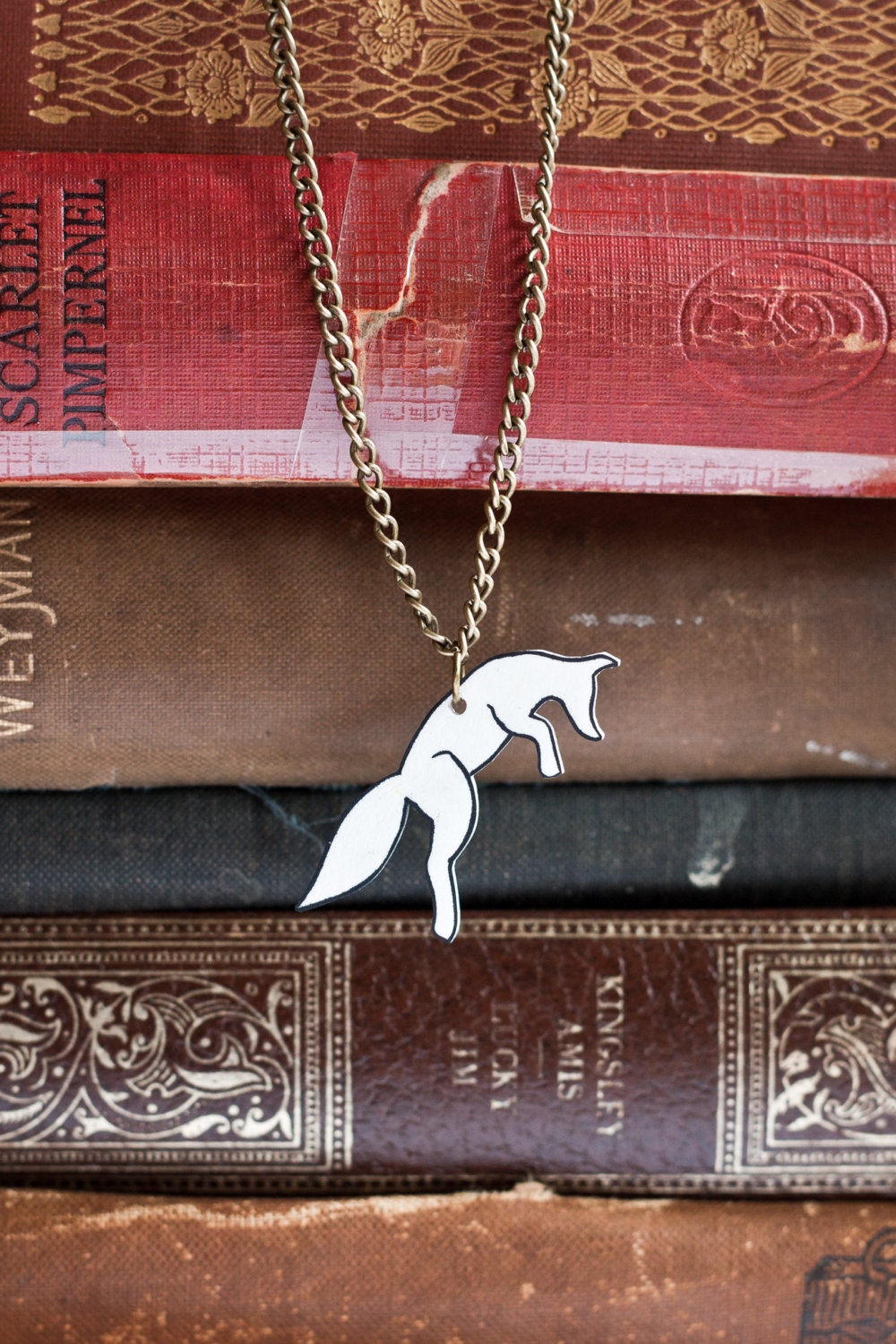 Jumping Fox Pendant on Antique Style Gold Chain - Hand Illustrated - Shrink Plastic Necklace