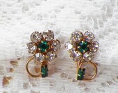 Sparkling Vintage Emerald Green and Clear Rhinestone Flower Earrings