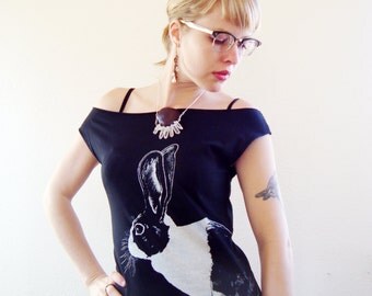 Dutch Rabbit tshirt dress - eco-friendly silver ink screenprint on black cotton - womens sizes S, M, L