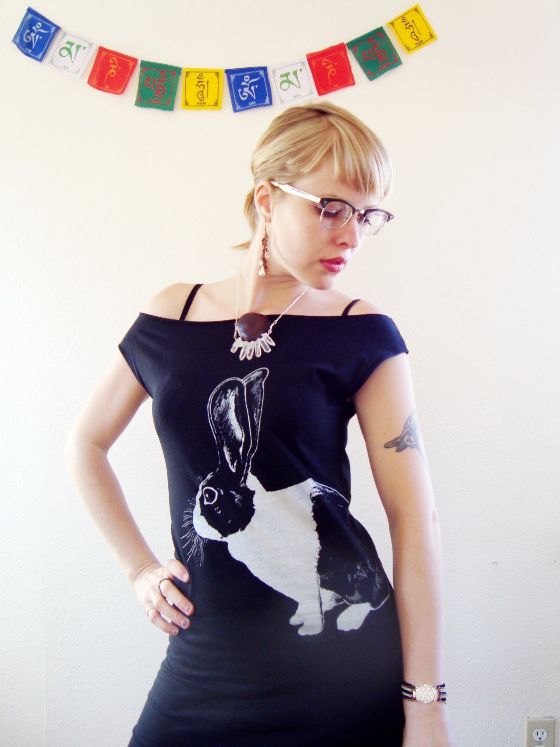 Dutch Rabbit tshirt dress - eco-friendly silver ink screenprint on black cotton - womens sizes S, M, L