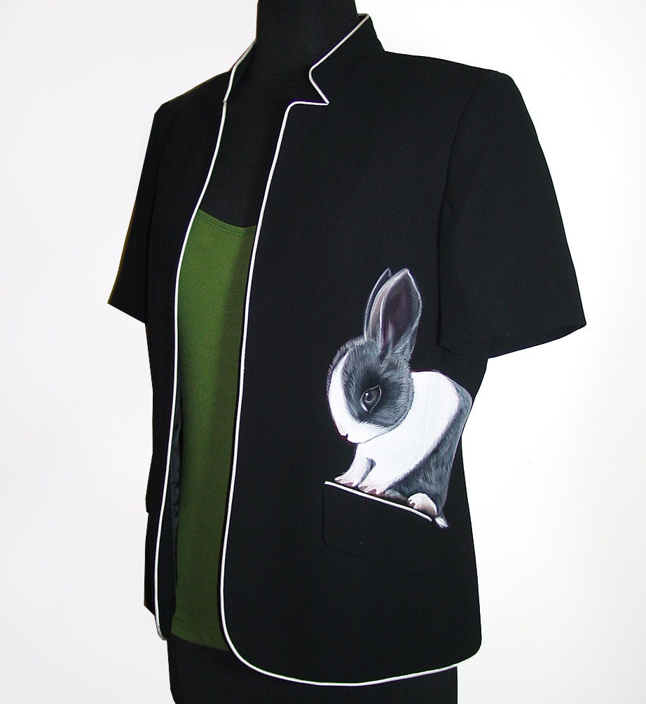 NEW Dutch Rabbit suit jacket blazer - OOAK by NYhop - handpainted,  short sleeved upcycled Kasper Classics - womens size 8