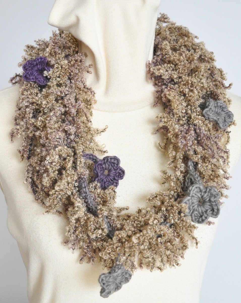 Lawn - Purple - Khaki - Crochet Muticolor Flowers Fur-like Scarf