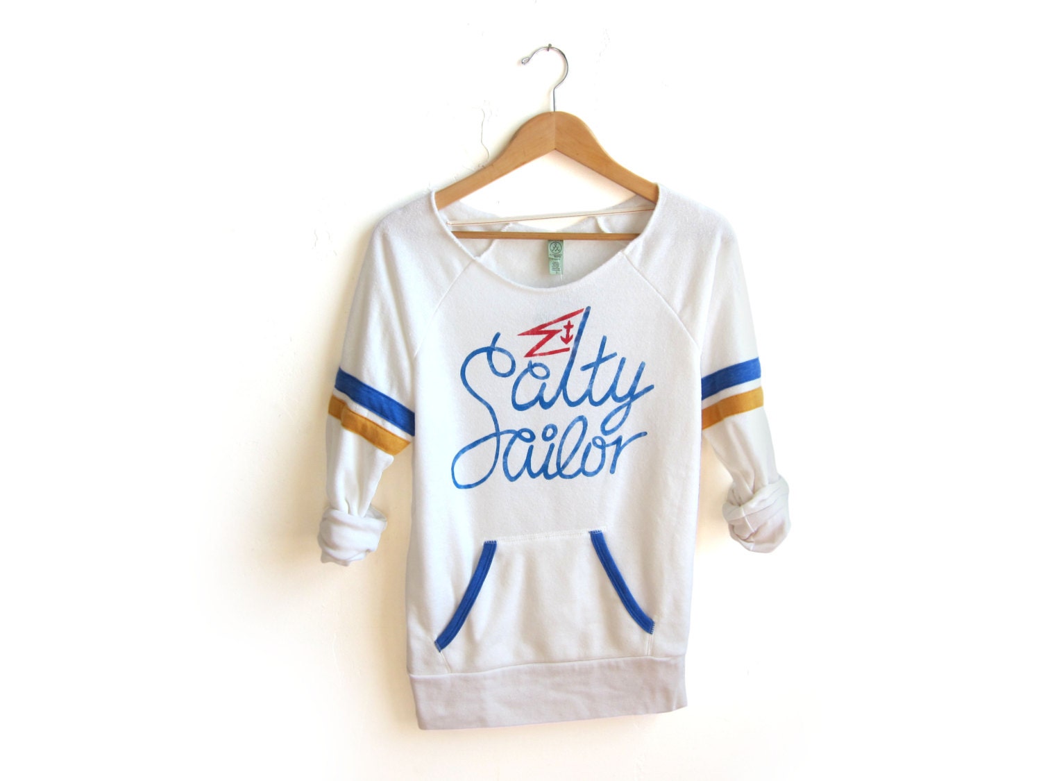 Salty Sailor - Hand STENCILED Deep Scoop Neck Heather Artist Series Sporty Stripe Sweatshirt in Cream Blue and Gold - S M L XL