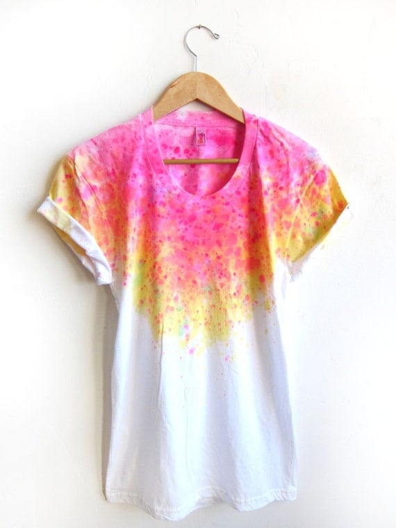 The Original "Splash Dyed" Hand PAINTED Scoop Neck Pinned Rolled Cuffs Tee in White Spectrum Acid Pink - S M L XL 2XL 3XL