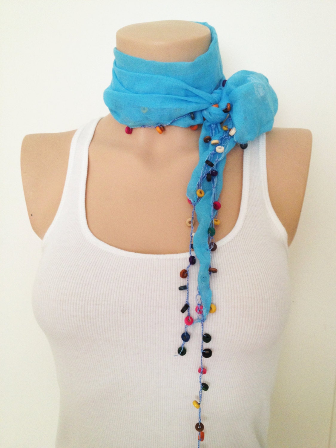 Teal Aqua Blue Cotton Scarf With Colorful Wooden Beads