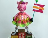 Whimsical Folk Art Pink Pig Collectible - Olivia Oinker by lindasilverthorne