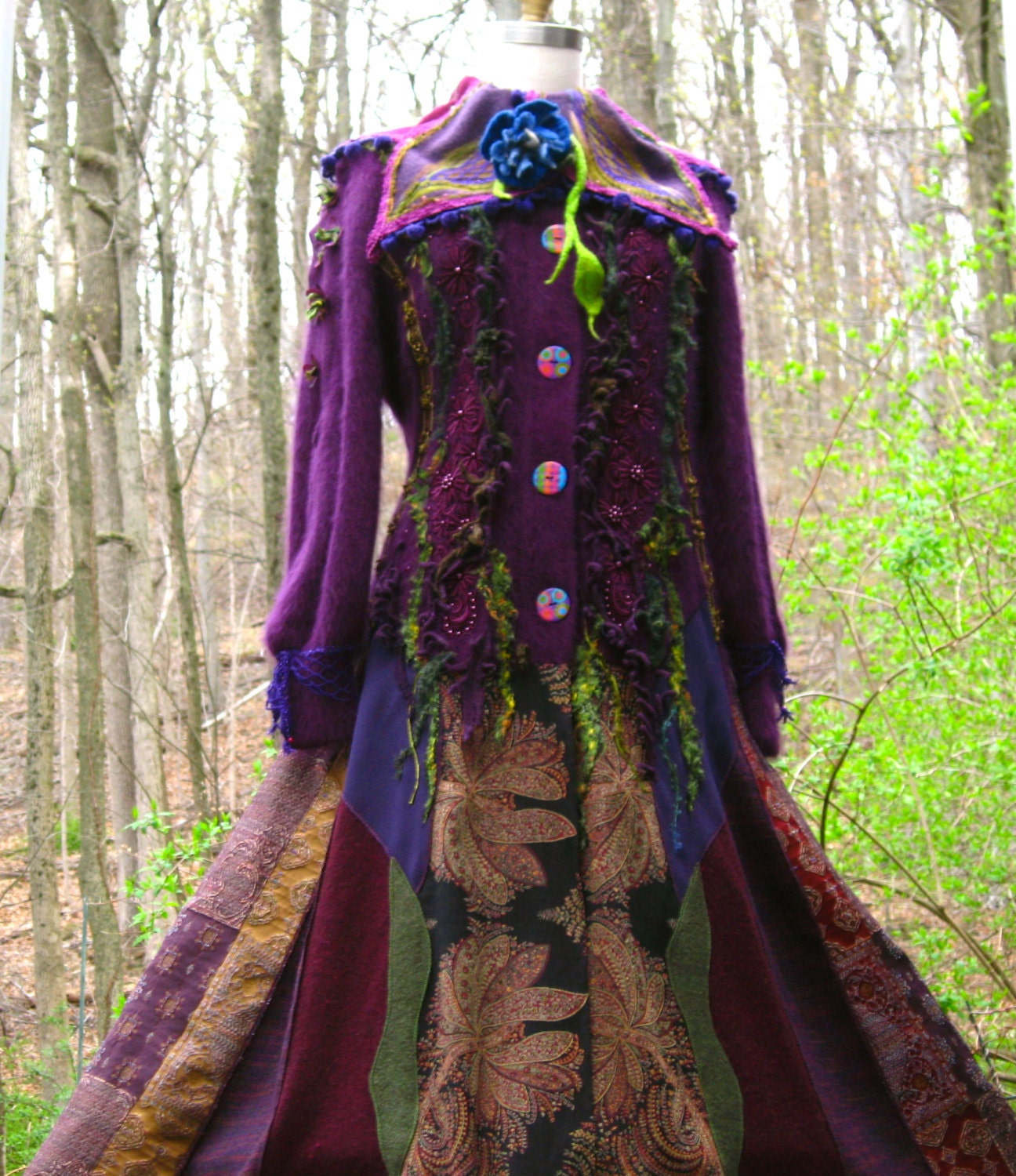 Patchwork SWEATER /COAT with felted leaves, beaded lace appliqué. Corset style. Size L/ XL. Ready to ship