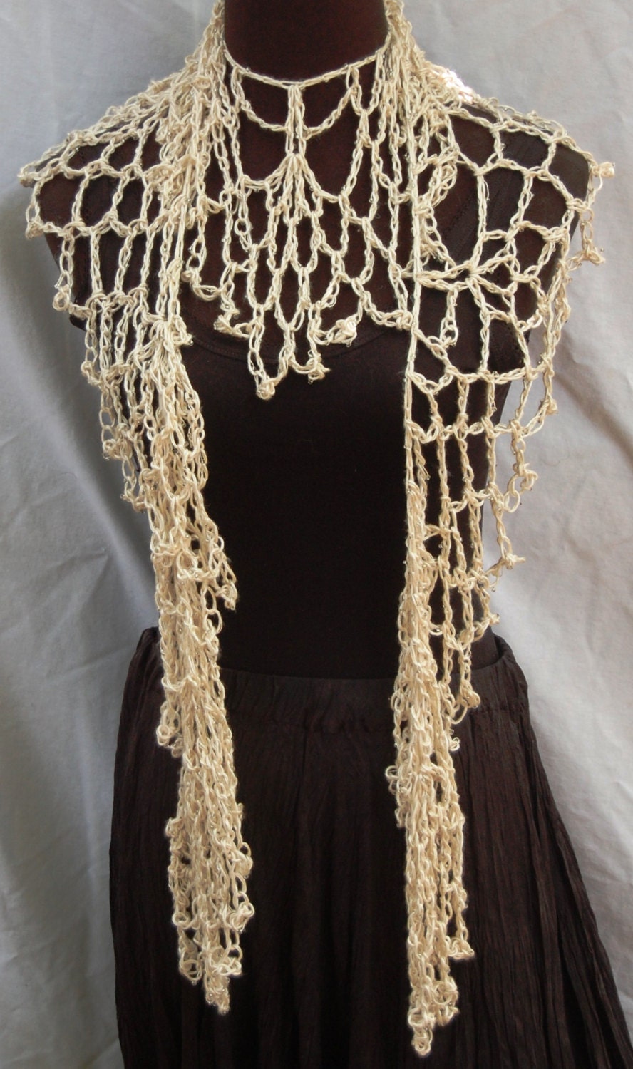 Off White Beaded Silk Handmade Lacy Crochet Scarf