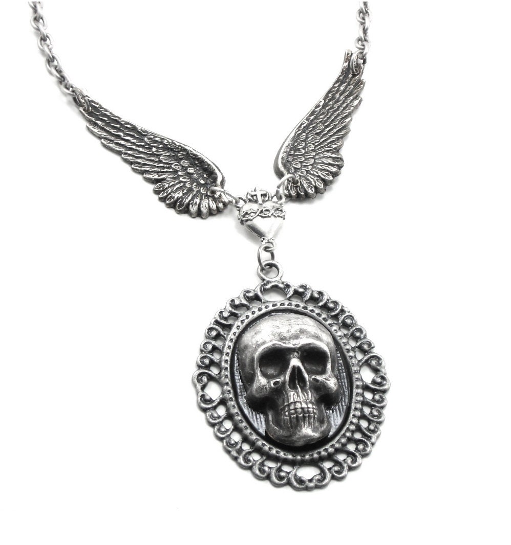 Gothic Necklace - Black Magic - With Large Skull Cameo, Sacred Heart, and Wings - By Ghostlove
