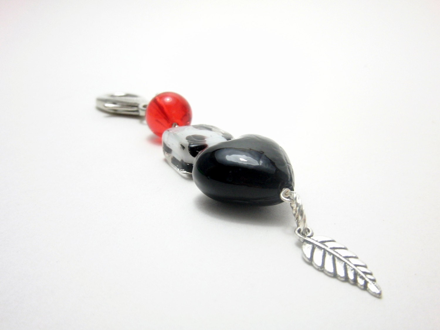 Zipper Pull Key Chain Adornment Black Heart Red White and a Leaf