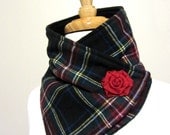Tartan Plaid Neck Warmer Scarf Blue, Red, Gold with Upcycled Rosette