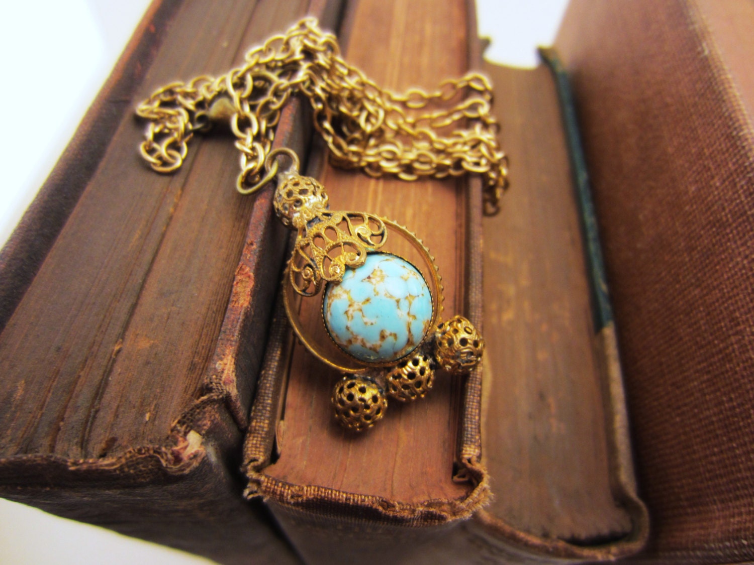 Gold and turquoise necklace. Long upcycled chain. Vintage pendant. Marbled turquoise, ooak gift.