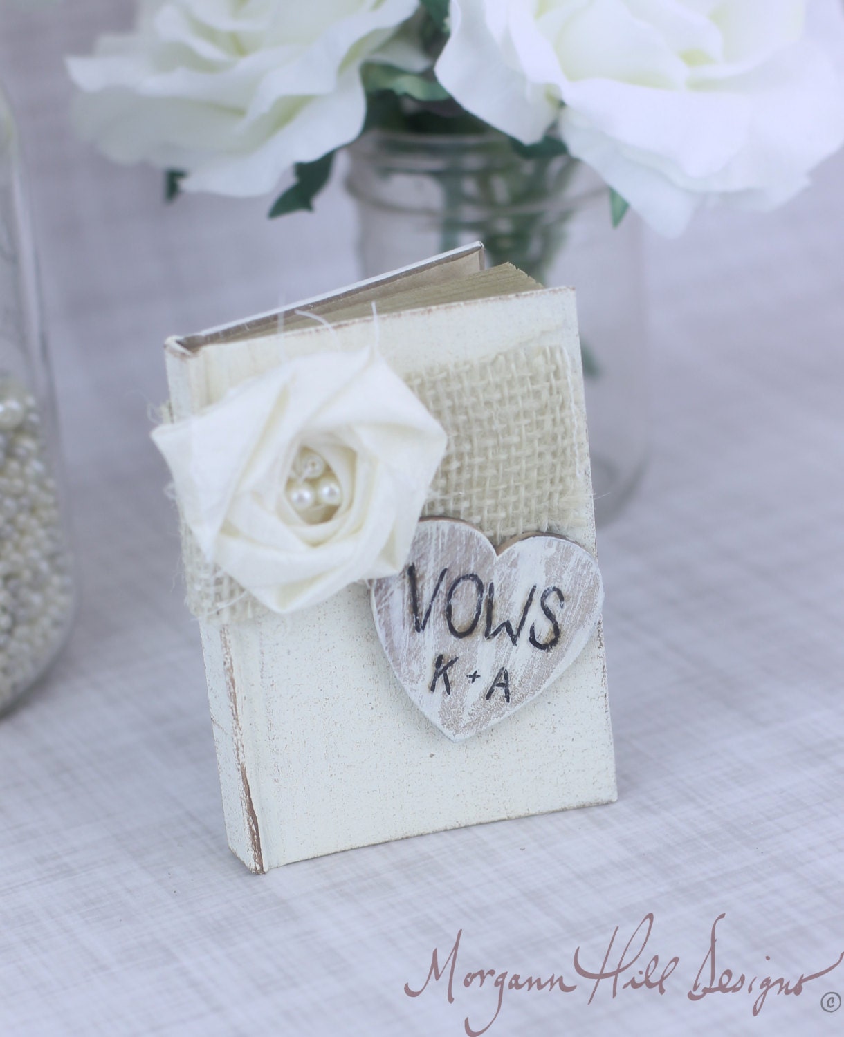 Personalized Wedding Vows Book Burlap and Pearls Rustic Chic Country DIY Decor (Item Number 130083)