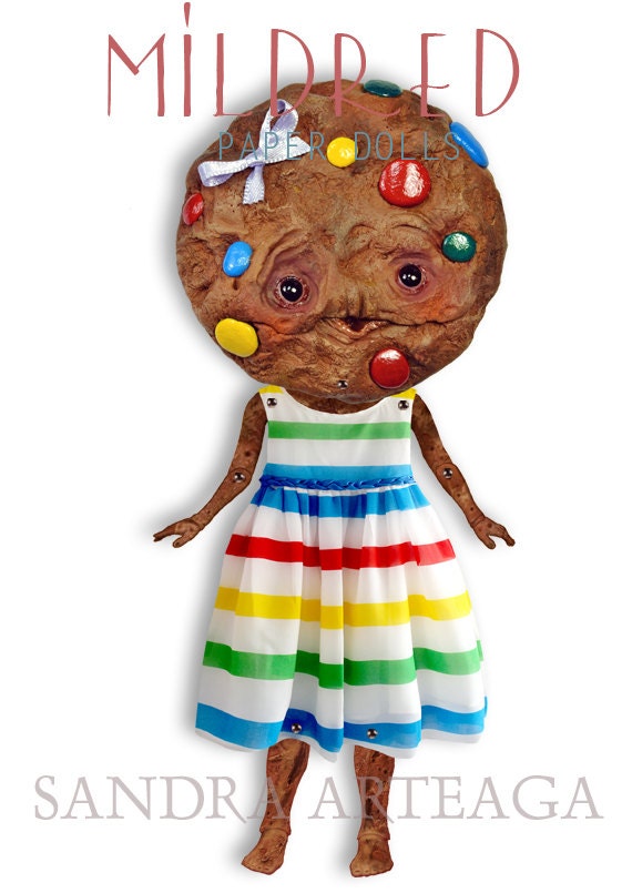 Mildred - articulated Paper Doll 9.4 inches - cookie pastels chocolate puppet multicolored tea party ooak cookie doll cocoa