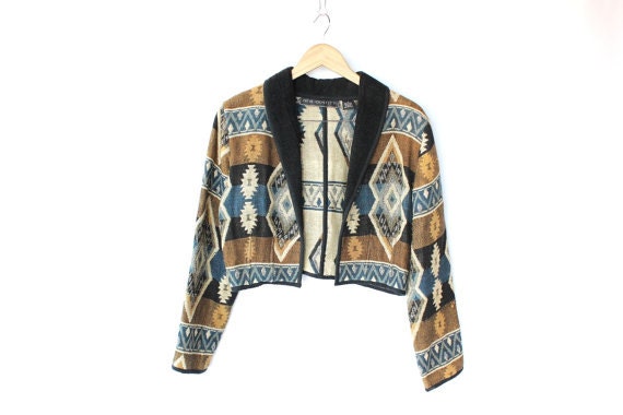 Vintage Cropped Southwest Blanket Jacket - 80s Navajo Tapestry Blazer with Shawl Collar