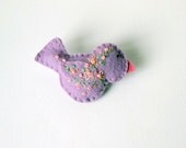 Handmade Felt Bird Brooch Pin - in Purple with Pink and Green Embroidered Floral and Beaded Embellishments