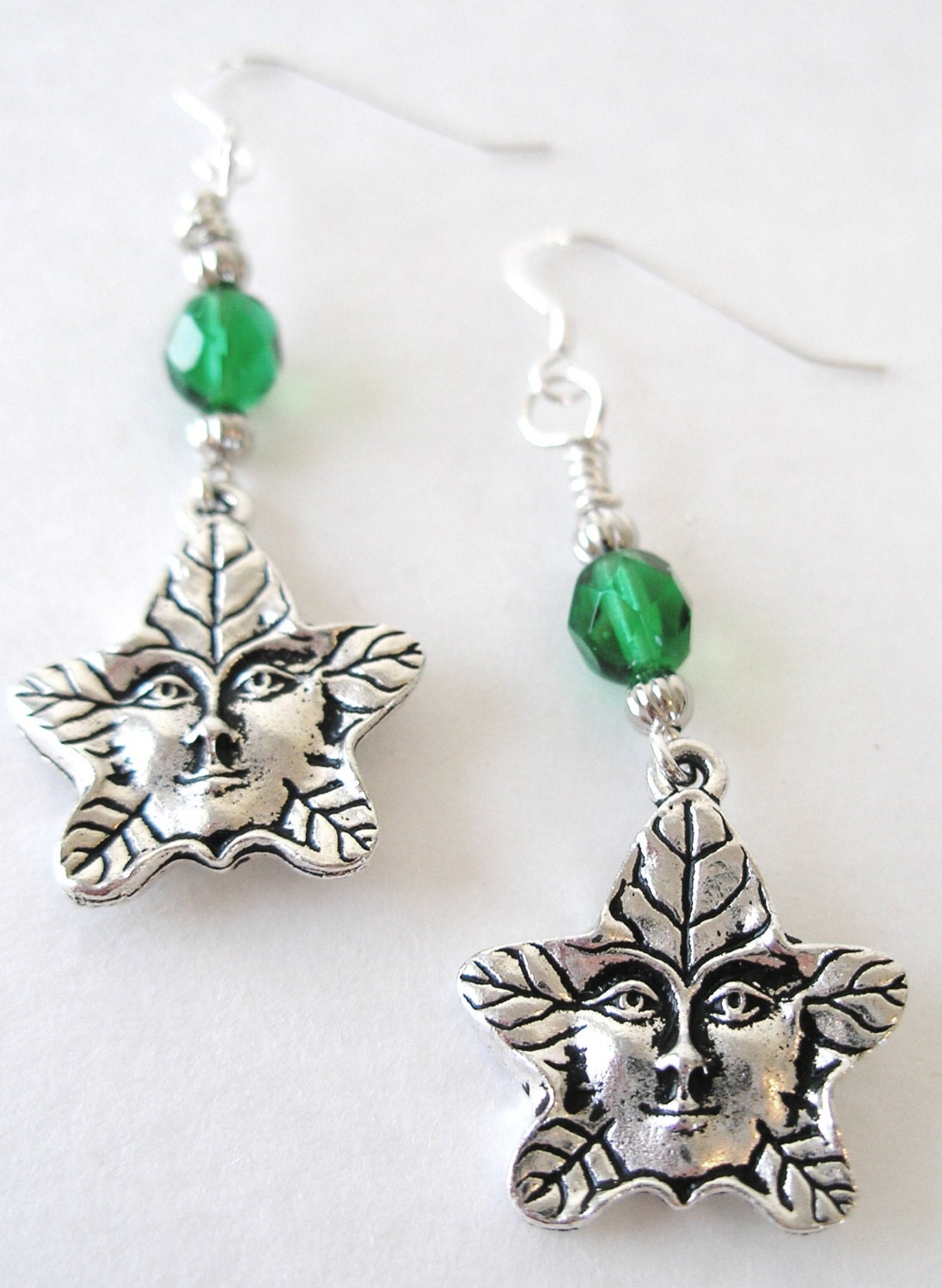 CELTIC SILVER Green Man Emerald Multi Faceted Bead Dangle Earring