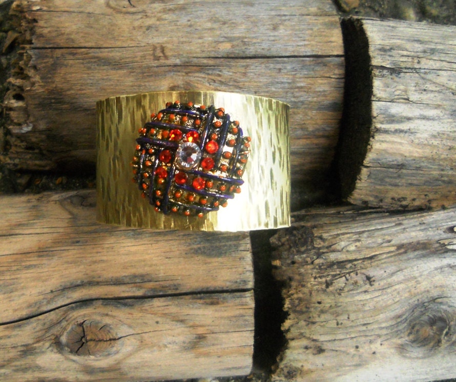 Brass Cuff Bracelet with orange crystals
