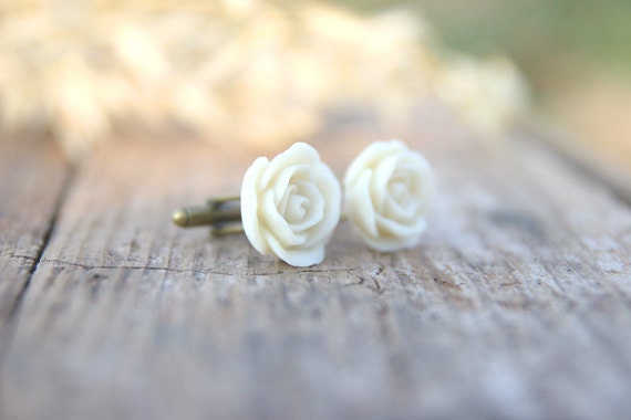 Ivory Cream Rose Flower Cufflinks // Groom Gift // Best Man Gift //  Groomsmen Gift  // Vintage Wedding