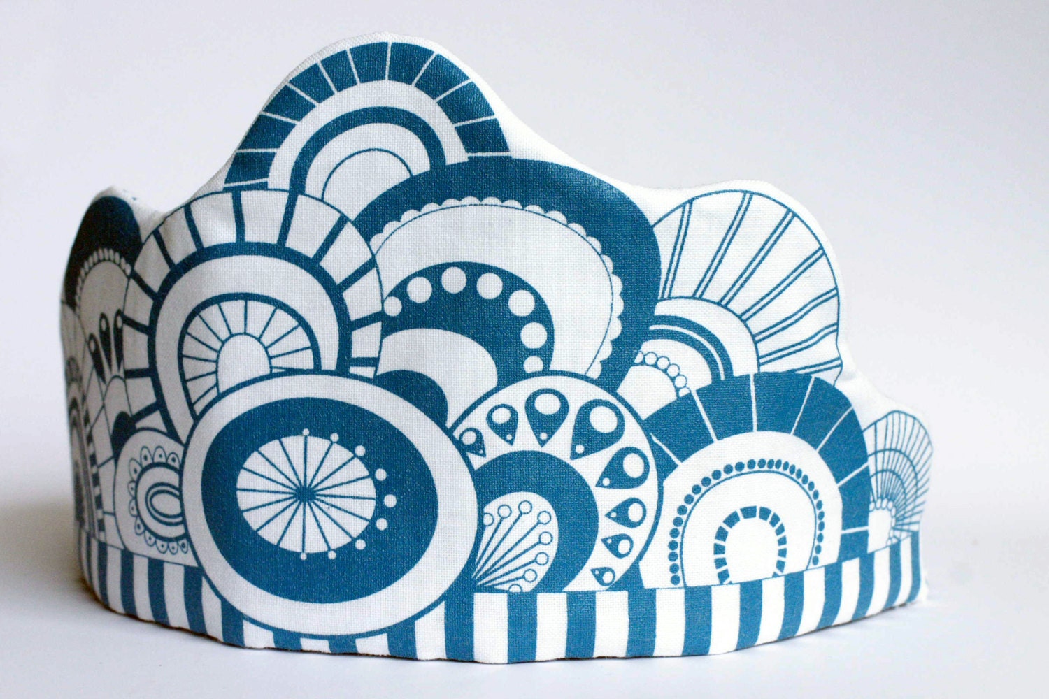 Teal Blue Fabric Crown Sewing kit with stripes & dots.