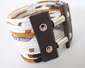 Fabric Bracelet - Multi Strand Classic Mustard Grey White Recycled Scarf Cuff - size XL