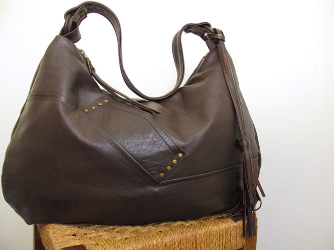 Dark Brown Leather Handbag, Rich Chocolate Brown, Large Bag, Unstructured Recycled Leather Hobo Bag