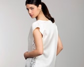 30% off  White women oversize blouse Summer silk blouse, white silk woman top with vintage lace