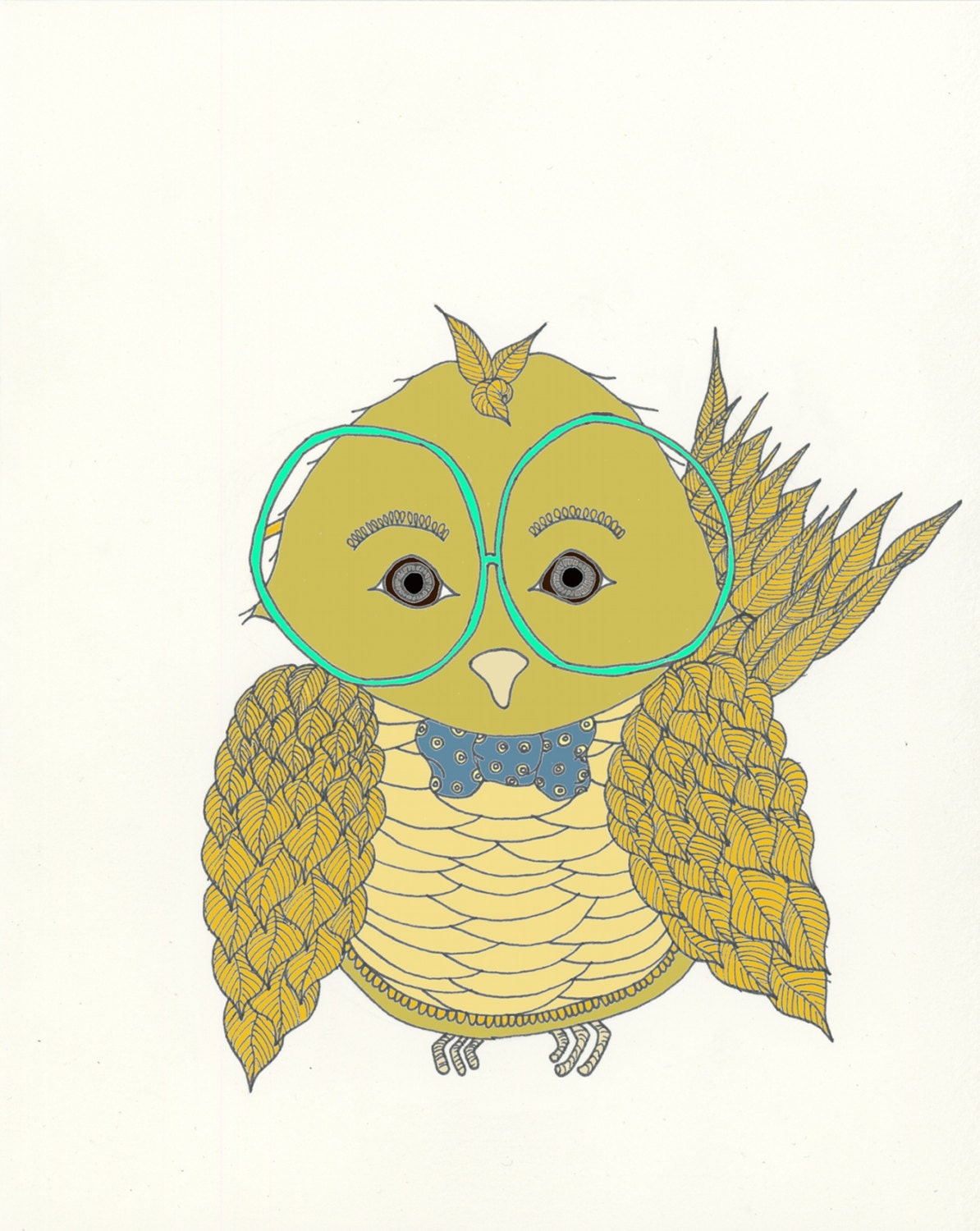 Bird Art Print, Bird Brain, Little Birdie With Glasses and Bowtie, Digitally Colored, 8x10 Children Giclee Art Print