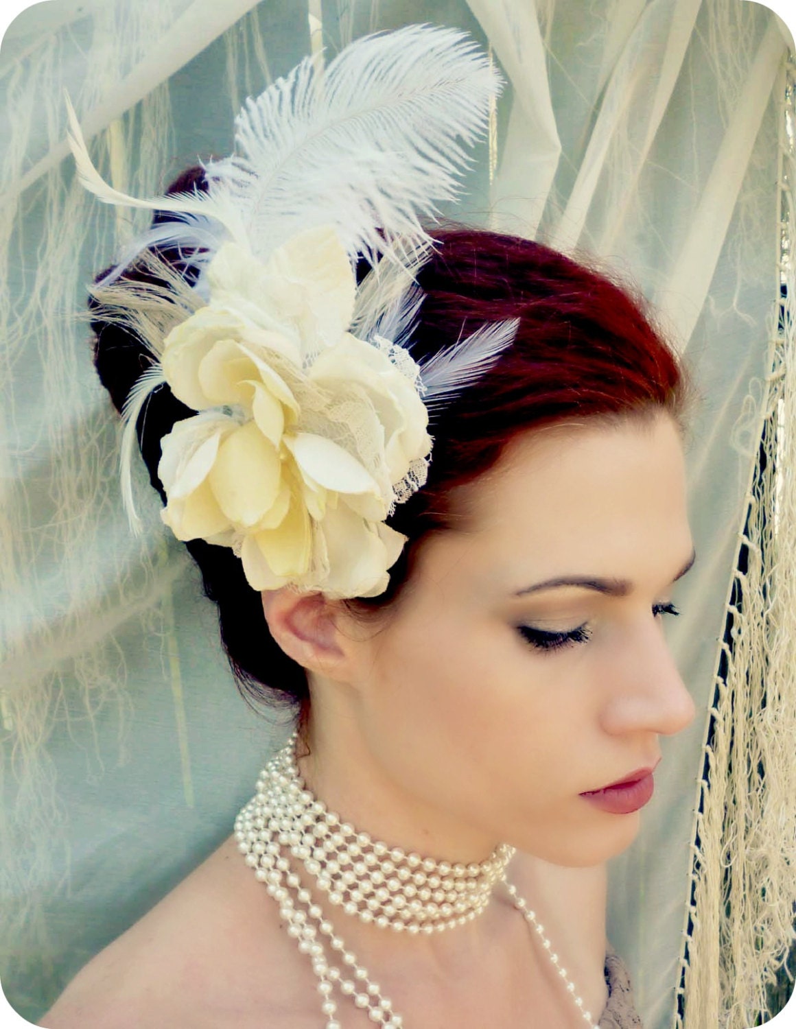 Marie Antoinette Ivory Lace Rose Feather Headpiece - Romantic Fascinator Headdress