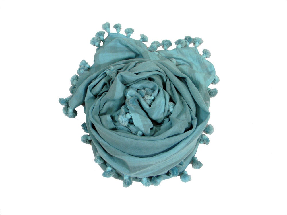 PomPom Tassel Scarf - Handdyed Cotton - Turquoise Grey