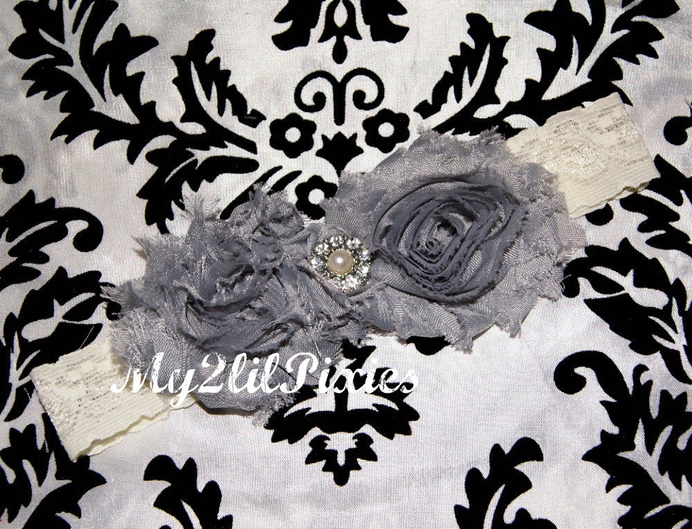 Inspired Vintage Shabby Chic Rhinestone Frayed Flower Rhinestone Center on Lace Stretch Headband- Newborn- Infant- Toddler- P