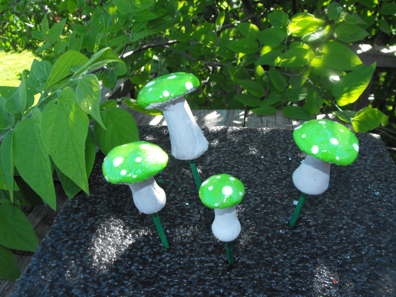 group of 5 pretty green mushrooms great for terrarium woodland wedding cake topper fairy garden planter