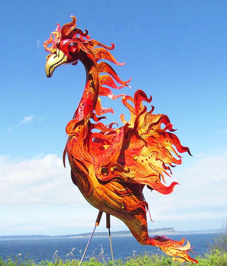Phoenix Flamingo - handmade, recycled garden art, sculpture, up-cycled plastic flamingo.