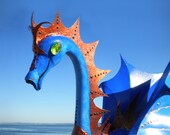 Copper and Blue Dragon Garden Sculpture - handmade art outdoor decor yard art up-cycled plastic flamingo.