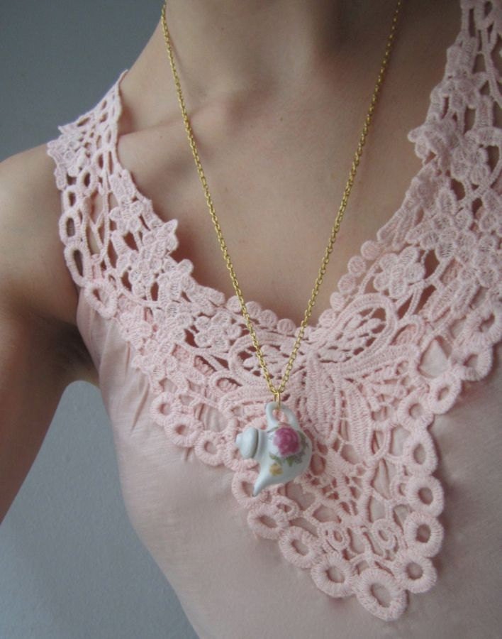 Mini Teapot Ceramic Necklace - Tea Time Sweet Dollhouse Decor Jewelry - Miniature Tiny Small Bitty - Pink Floral Design