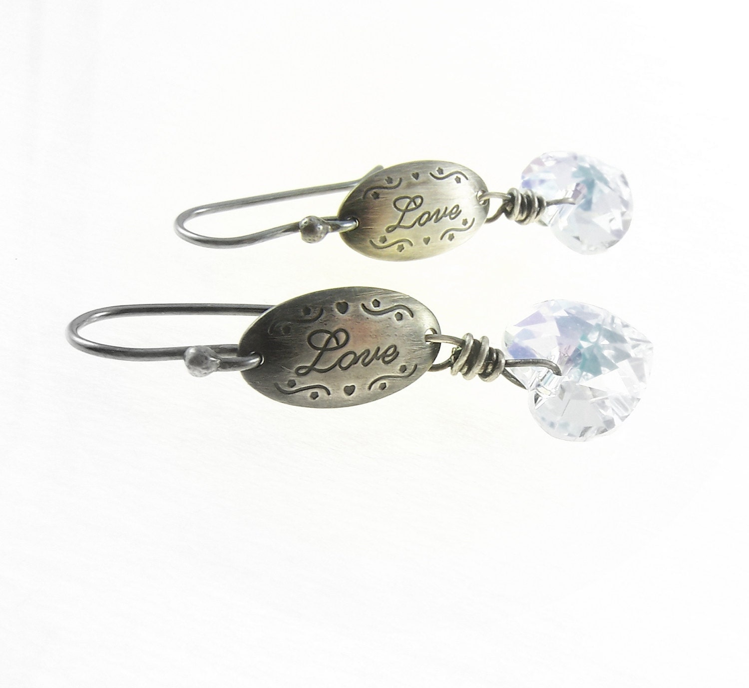 Crystal Heart Earrings . Stamped Jewelry . April Birthstone . Valentine Jewelry . Love . Swarovski Heart Earrings