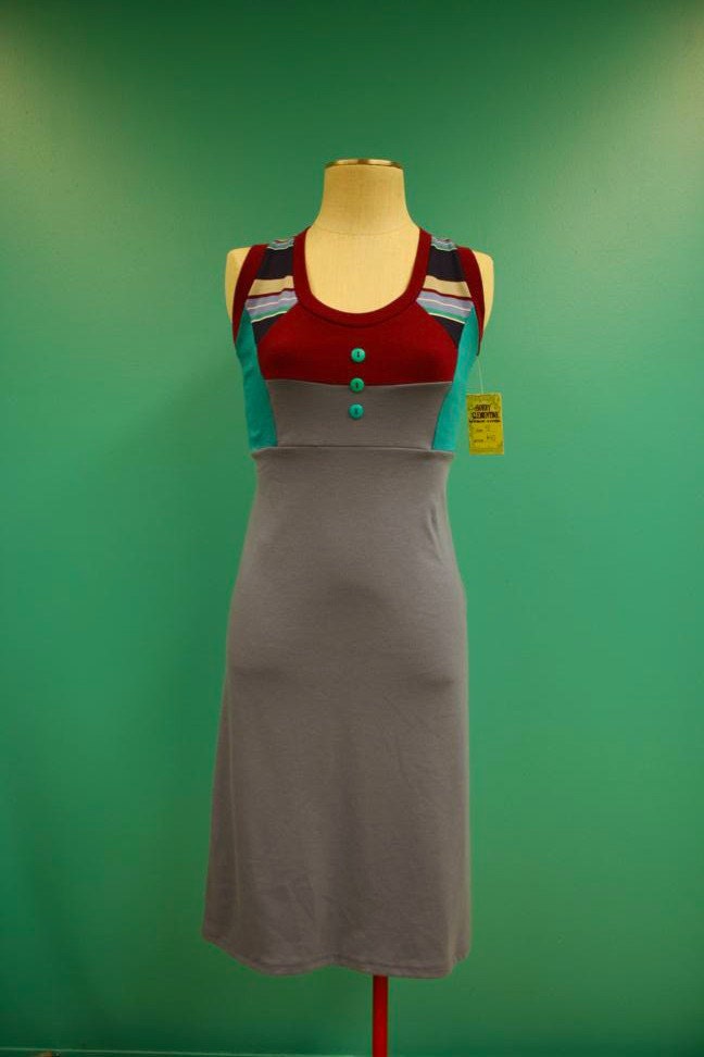Blue Maroon Gray Turquoise Striped Vintage Dress - Size Small.