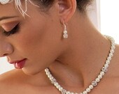 Heather - Elegant pearl and rhinestone necklace, bracelet and earrings set