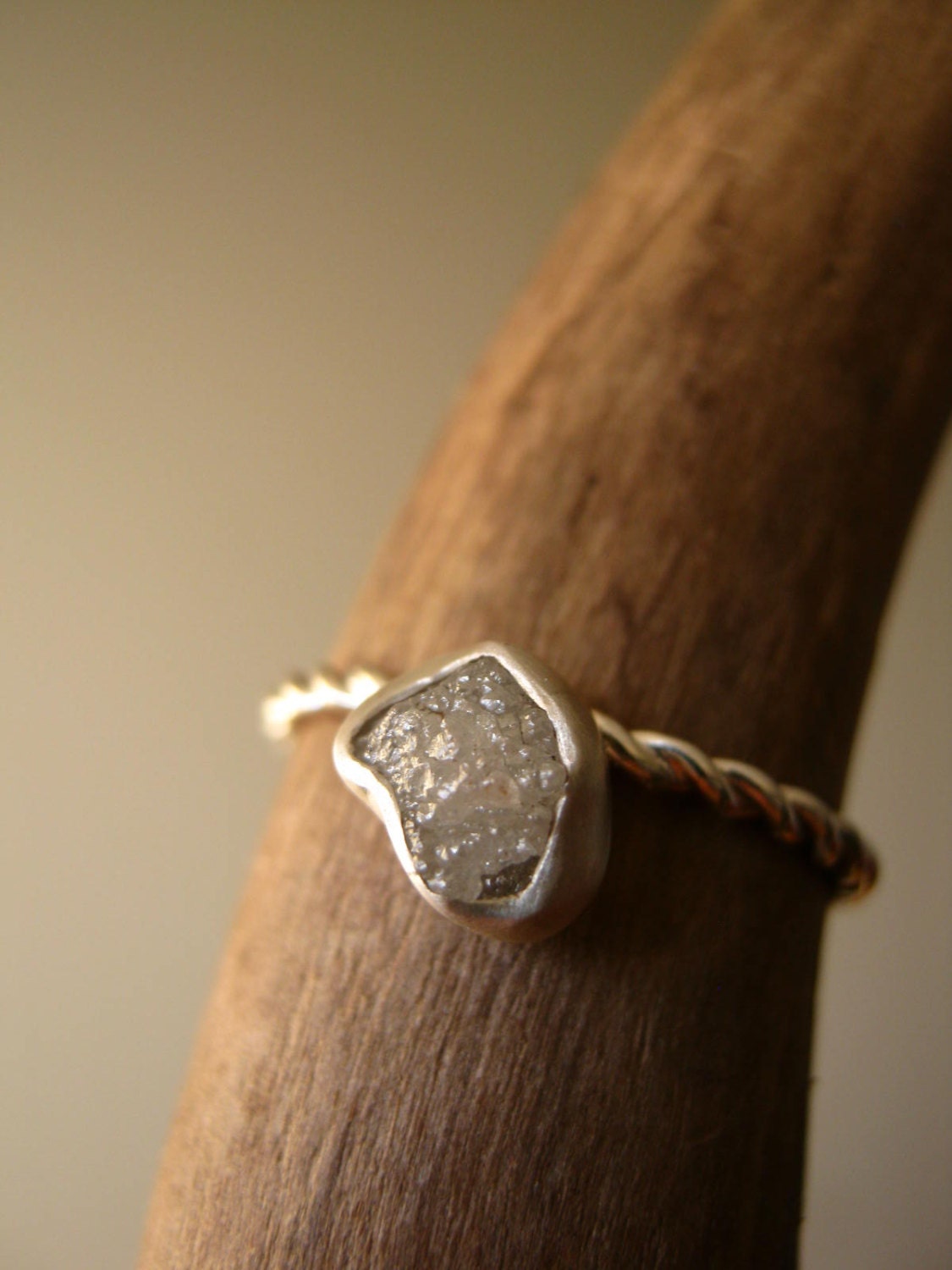 Dew drop - Engagement Ring with Rough Diamond on Twisted band, Sterling Silver