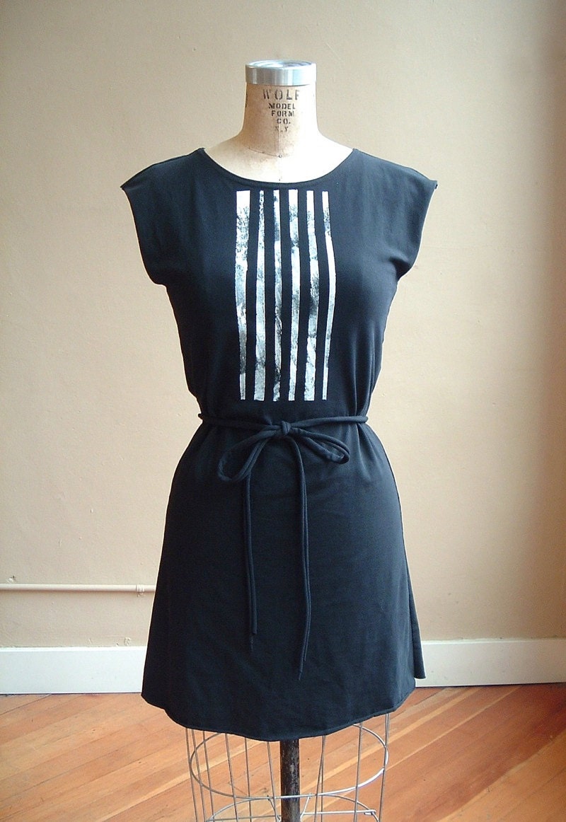 Black Tunic Cotton Jersey with White Lines, modern style- made to order