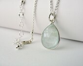 Bezel Set Aquamarine Necklace in Sterling Silver, Gemstone Pendant, March Birthstone Jewelry, 16 18 Inch