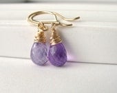 Amethyst Dangle Earrings in Yellow Gold Fill, Wire Wrapped Briolette Gemstone, February Birthstone Jewelry