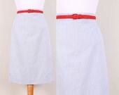 80s Seersucker Stripe Pencil Skirt - Womens M / L - Narrow Blue / White Striped 1980s Lord & Taylor High Rise Simple Spring Summer Pinstripe