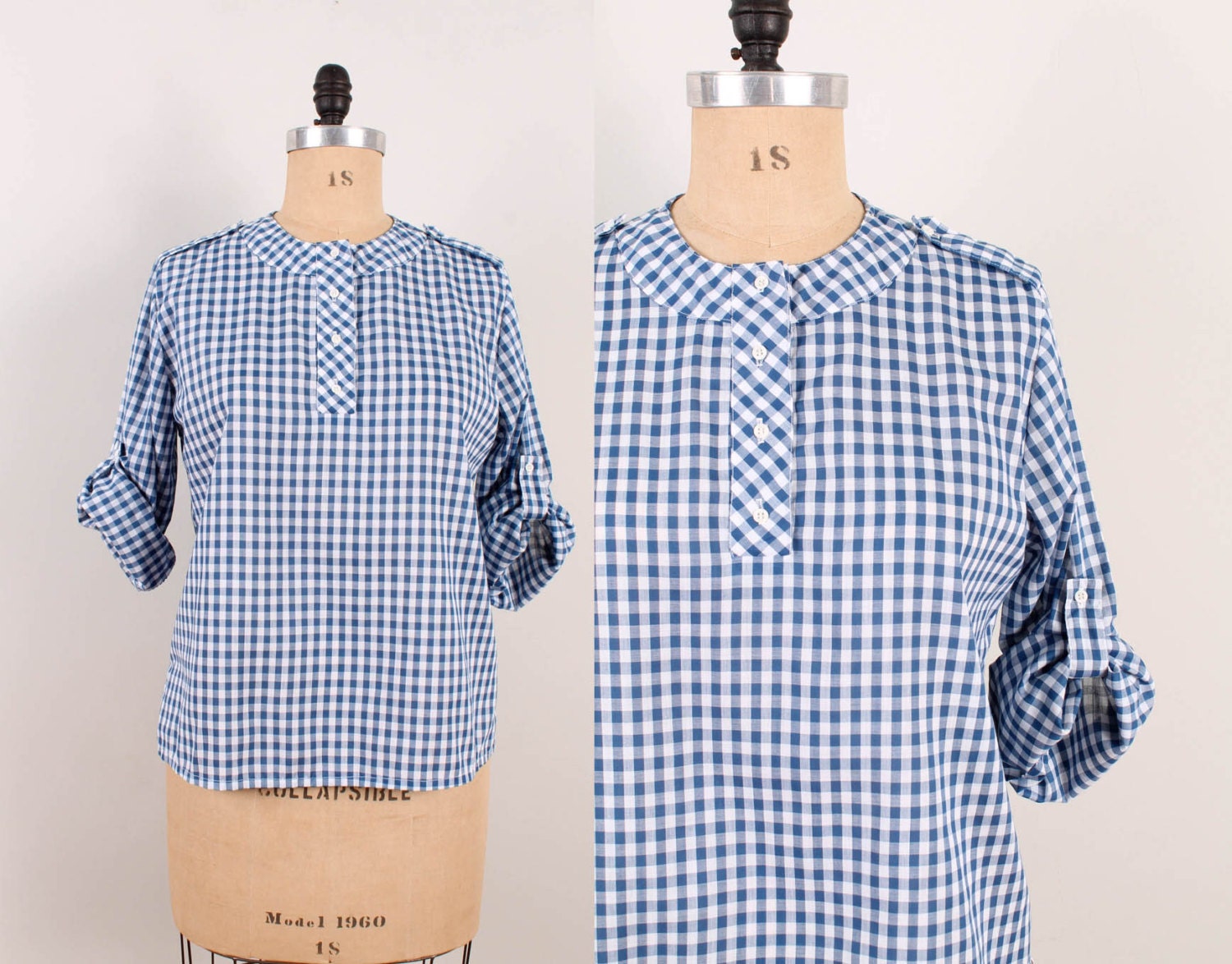 70s Gingham Epaulet Blouse - Womens L / XL - Navy Blue & White Checked Rolled Sleeve Henley Top Cotton Shirt Check Picnic Plaid 1970s