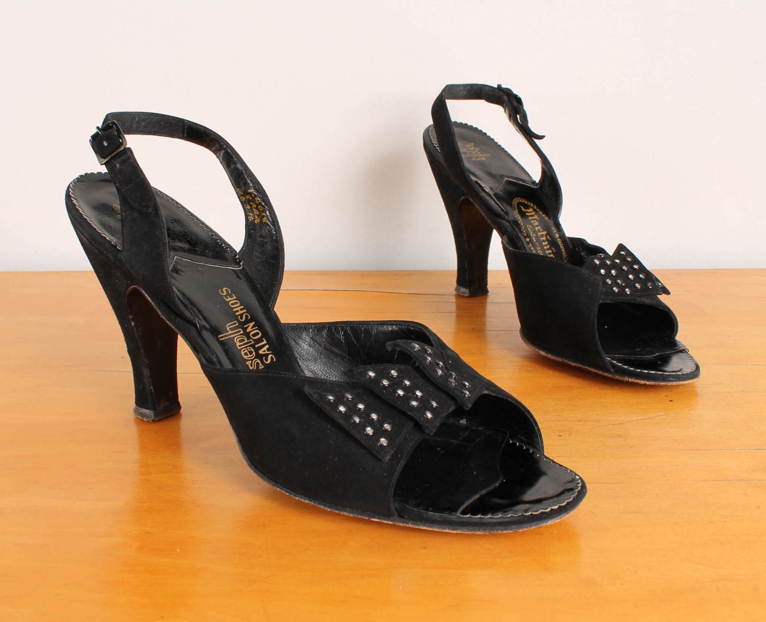 1940s High Heel Sandals - Womens 8 Narrow - Black Suede w/ Rhinestones High Heels Open Toe Martinique for Joseph Salon Shoes 40s Leather